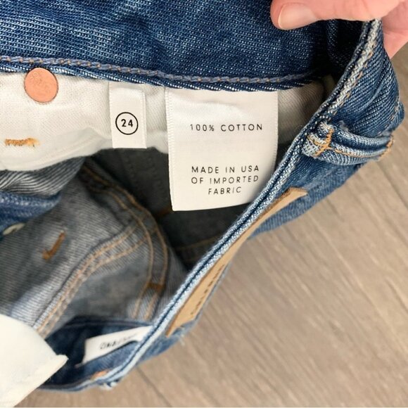 Revolve GRLFRND Eva Mini Denim Skirt A-Frame Gusset Distressed Medium Wash - Picture 9 of 13